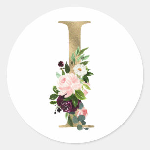Sticker Rond Monogramme lettre dorée fleurs boho bordeaux Clas