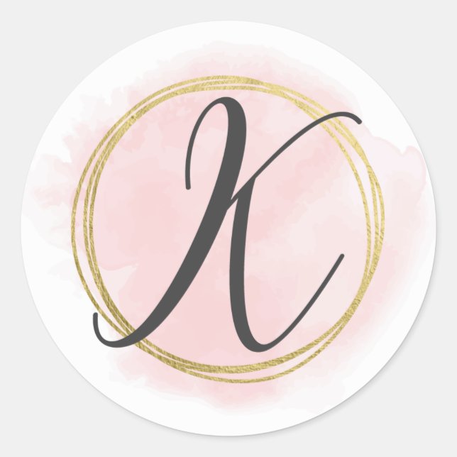 Sticker Rond Monogramme Lettre K Rose Pâle Aquarelle Doré Chic (Devant)