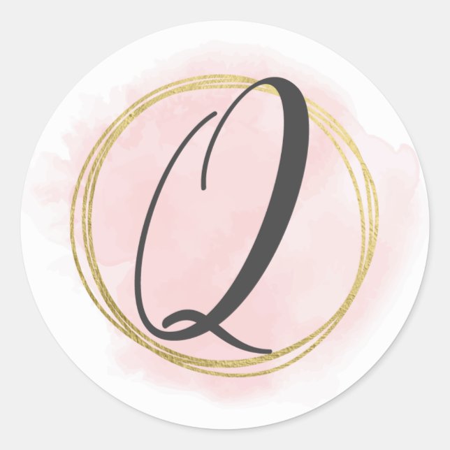 Sticker Rond Monogramme lettre Q rose blush aquarelle or chic (Devant)