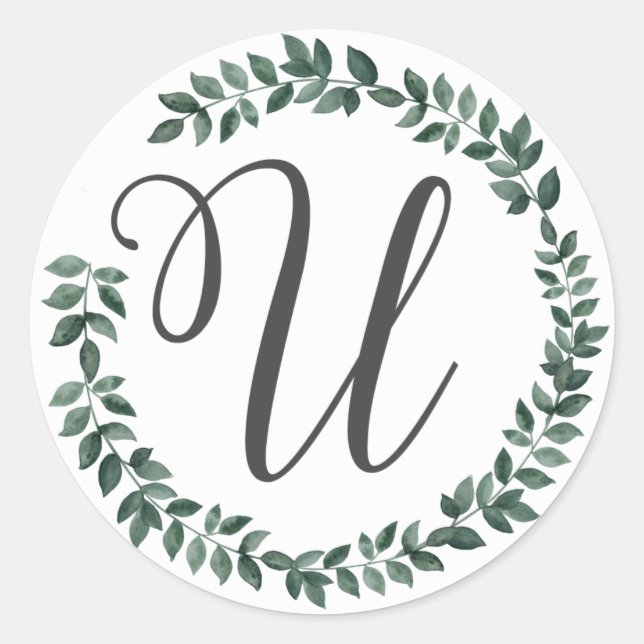 Sticker Rond Monogramme Lettre U Couronne de Feuilles Botanique (Devant)