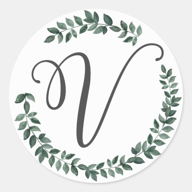 Sticker Rond Monogramme Lettre V Couronne de Feuilles Botanique (Devant)