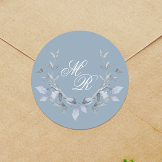 Sticker Rond Monogramme Mariage bleu Dusty personnalisé