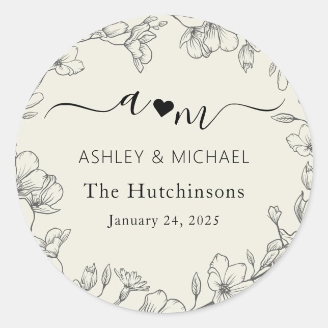 Sticker Rond Monogramme Mariage botanique moderne (Devant)