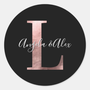 Sticker Rond Monogramme Mariage Classique Rose Gold Foil L Noir