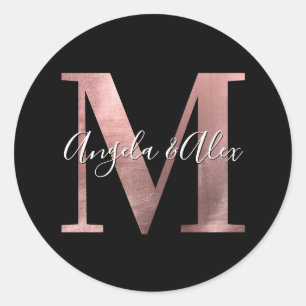 Sticker Rond Monogramme Mariage Classique Rose Gold Foil M Noir