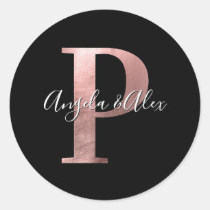 Sticker Rond Monogramme Mariage Classique Rose Gold Foil P Noir