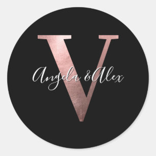 Sticker Rond Monogramme Mariage Classique Rose Gold Foil V Noir