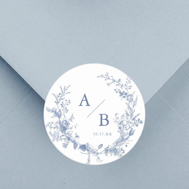 Sticker Rond Monogramme Mariage classique victorien bleu (Créateur téléchargé)