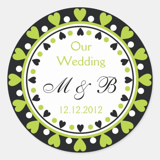 Sticker Rond Monogramme mariage - Coeurs verts feuille (Devant)