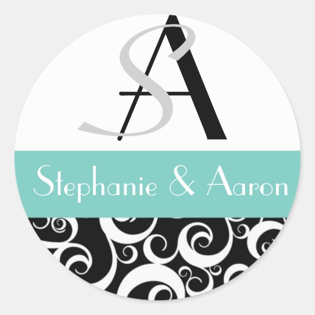 Sticker Rond Monogramme mariage damassé en noir et blanc (Devant)