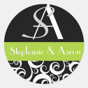 Sticker Rond Monogramme mariage damassé en noir et vert
