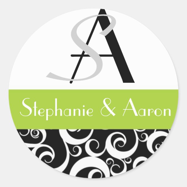Sticker Rond Monogramme mariage damassé en noir et vert (Devant)