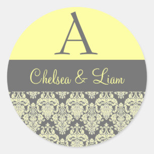 Sticker Rond Monogramme Mariage damassé jaune et gris V2