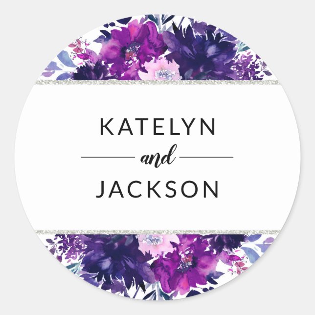Sticker Rond Monogramme Mariage  d'argent violet floral enchant (Devant)