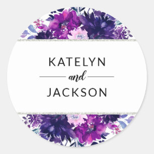 Sticker Rond Monogramme Mariage d'argent violet floral enchant