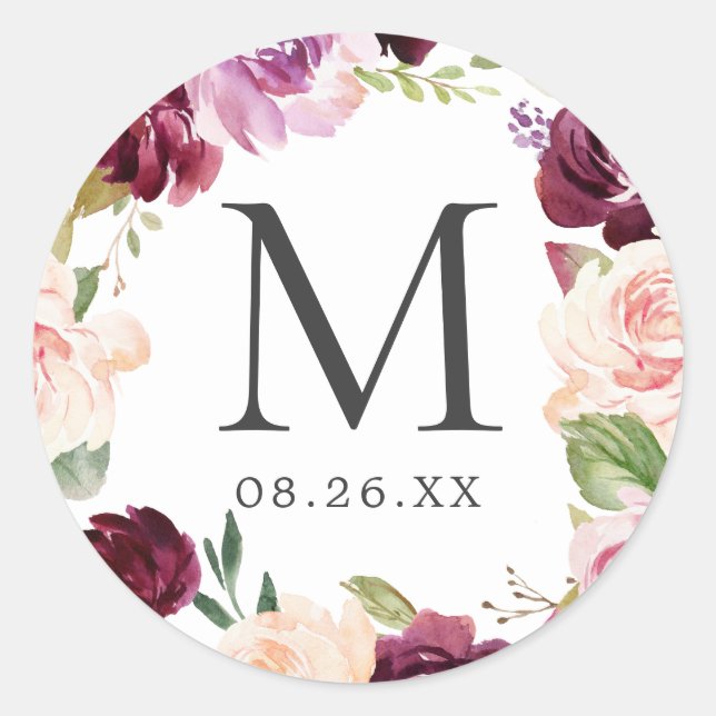Sticker Rond Monogramme Mariage Date Plum Purple Floral Wreath (Devant)