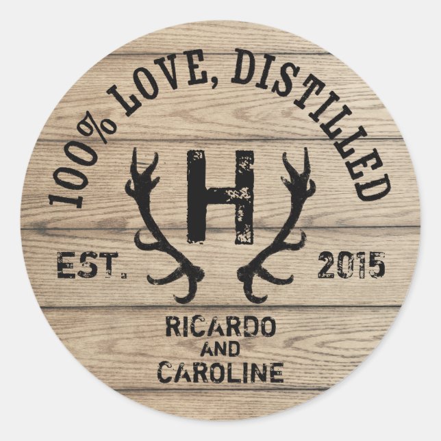Sticker Rond Monogramme Mariage de baril de bois personnalisé (Devant)
