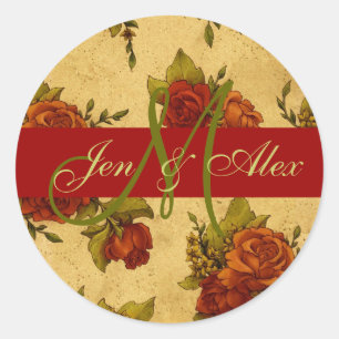 Sticker Rond Monogramme Mariage de décembre et Noms Rose Sticke