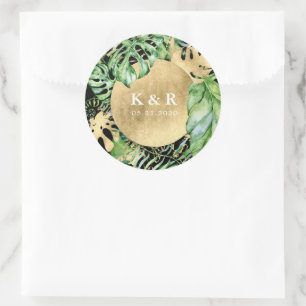 Sticker Rond Monogramme Mariage de feuillage doré tropical