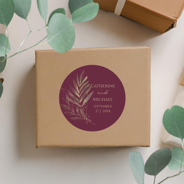 Sticker Rond Monogramme Mariage de feuille d'or de Bourgogne mo (Créateur téléchargé)