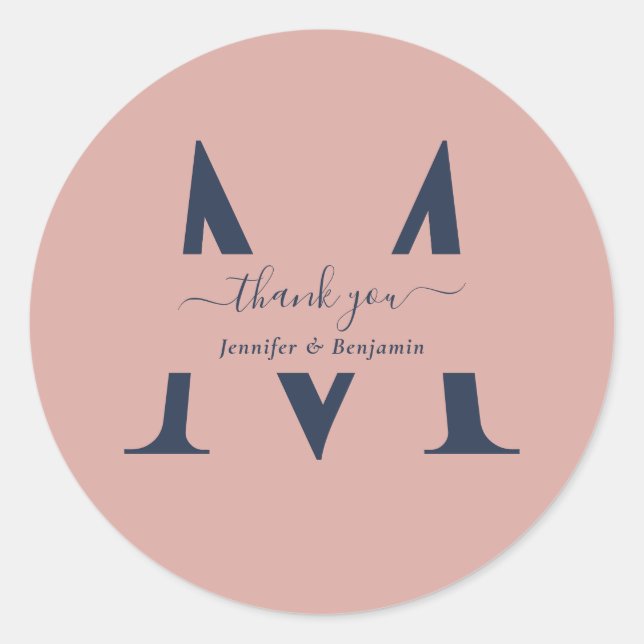Sticker Rond Monogramme Mariage de la marine moderne bleu Blush (Devant)