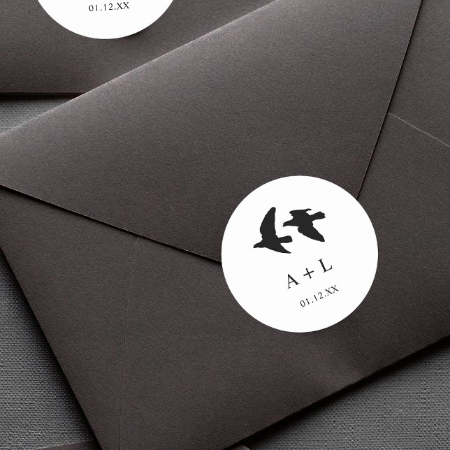 Sticker Rond Monogramme Mariage des oiseaux noirs et blancs mod (Créateur téléchargé)