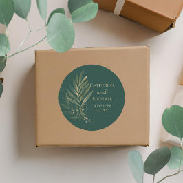 Sticker Rond Monogramme Mariage Emerald Green Gold Leaf