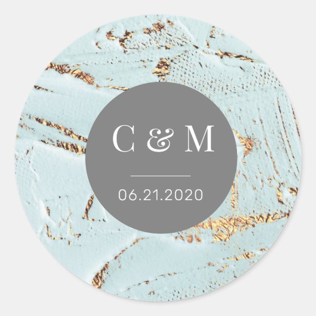 Sticker Rond monogramme mariage en or bleu texturé (Devant)