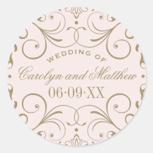 Sticker Rond Monogramme Mariage rose Flouris d'or antique