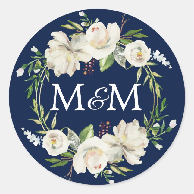 Sticker Rond Monogramme Marine Aquarelle bleu Blanc Floral Mari (Devant)
