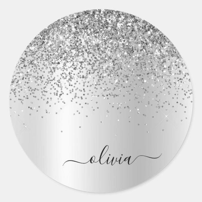 Sticker Rond Monogramme métallisé pailleté argent Nom Glamour (Devant)