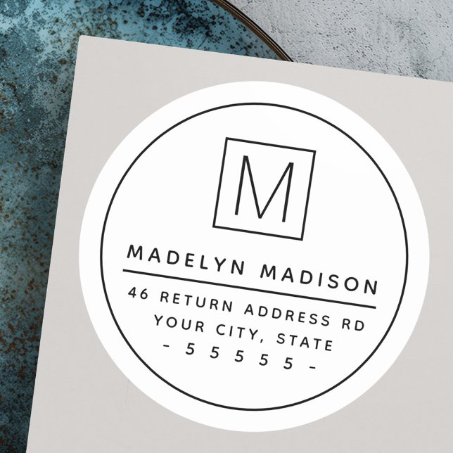 Sticker Rond Monogramme mince bordure minimum blanc retour (Monogram thin border minimal white return address classic round sticker)