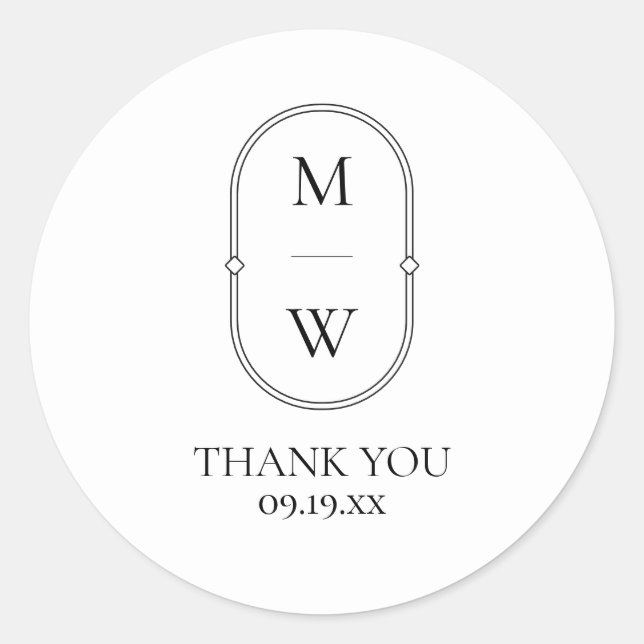Sticker Rond Monogramme minimaliste noir Merci Mariage blanc (Devant)
