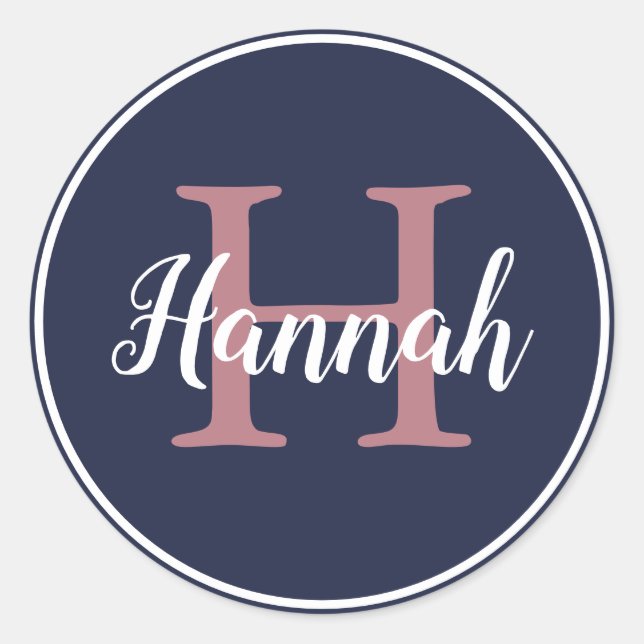 Sticker Rond Monogramme moderne bleu et rose (Devant)