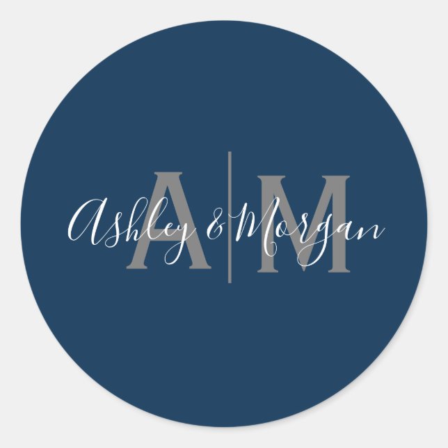 Sticker Rond Monogramme moderne gris et bleu de couple (Devant)