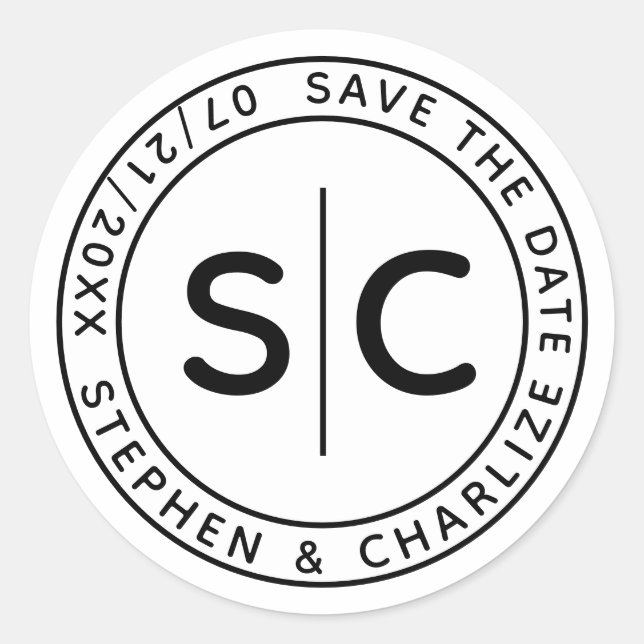 Sticker Rond Monogramme Moderne Mariage Rond Enregistrer La Dat (Devant)
