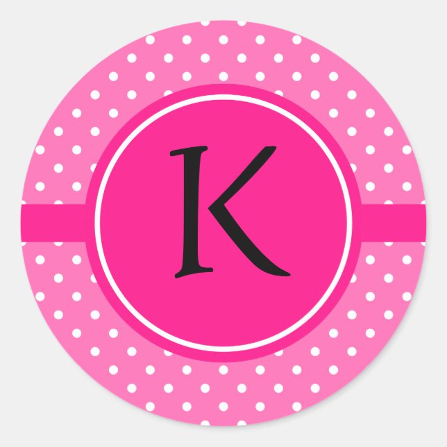Sticker Rond Monogramme Motif à points rose chaud et blanc (Devant)