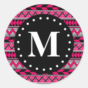 Sticker Rond Monogramme Motif Chevron Tribal Rose Hot