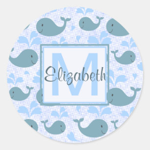 Sticker Rond Monogramme Motif de baleines bleues mignonnes