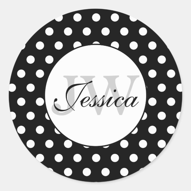 Sticker Rond Monogramme motif pois noir et blanc tendance (Devant)
