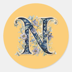 Sticker Rond Monogramme N conception florale générée par l'IA