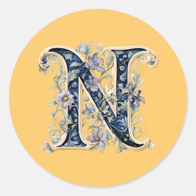 Sticker Rond Monogramme N conception florale générée par l'IA (Devant)