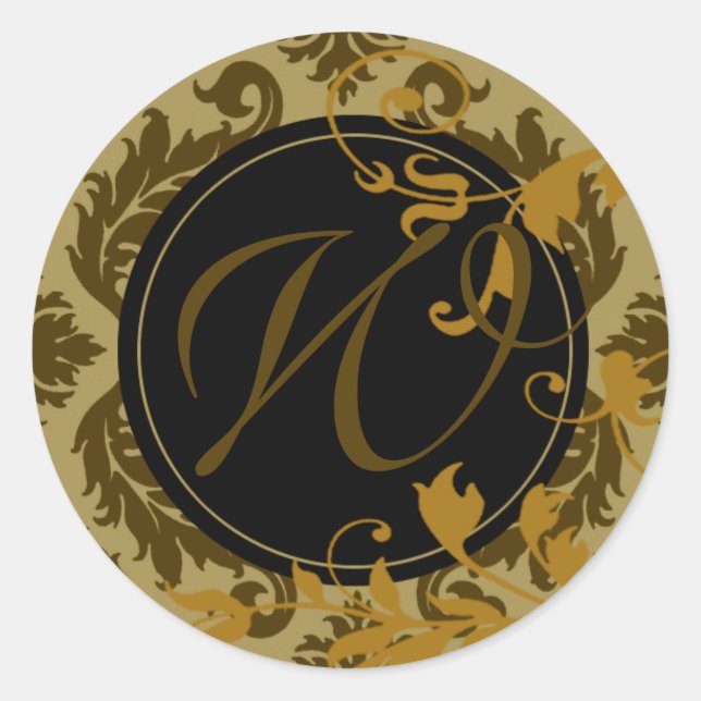 Sticker Rond Monogramme néopolitain Damask "W" (céleri/moutarde (Devant)