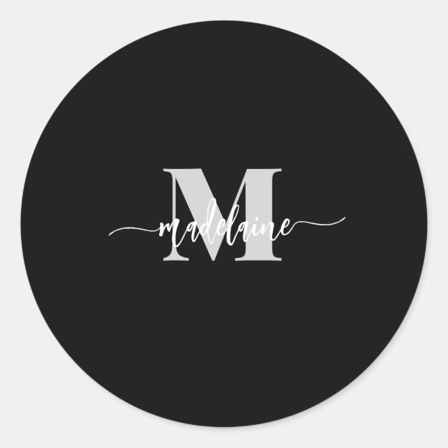 Sticker Rond Monogramme noir argent blanc personnel (Devant)