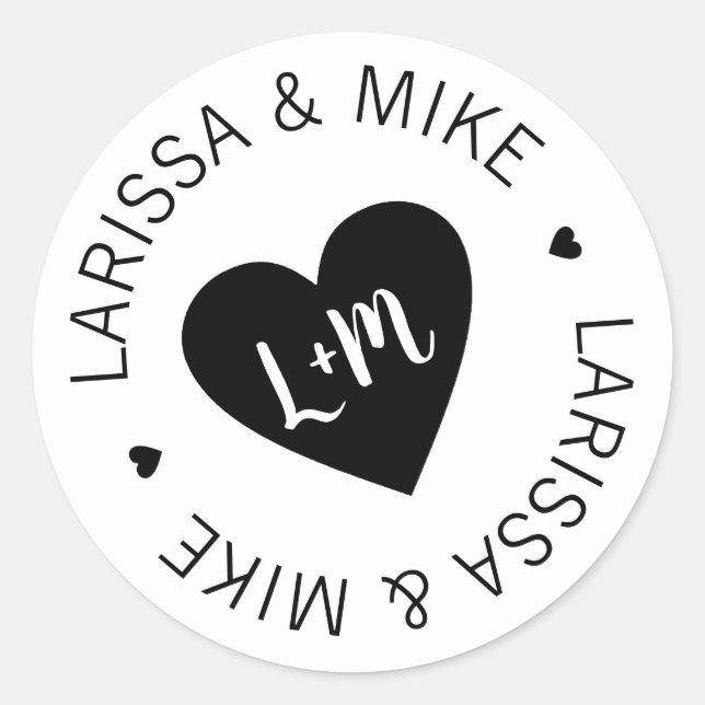 Sticker Rond monogramme noir blanc amour coeur . mariage (Devant)