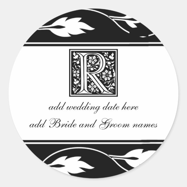 Sticker Rond Monogramme noir et blanc à feuilles R (Devant)