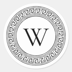 Sticker Rond Monogramme noir et blanc avec Motif de clé grecque