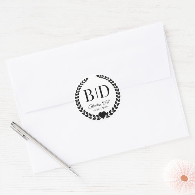 Sticker Rond Monogramme noir et blanc simple et élégant (Enveloppe)