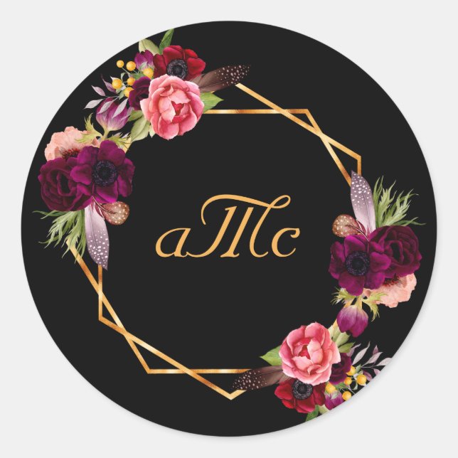 Sticker Rond monogramme noir floral mariage bordeaux initiales (Devant)