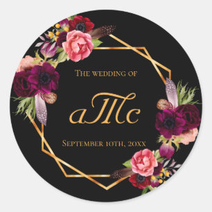Sticker Rond monogramme noir floral mariage bordeaux initiales